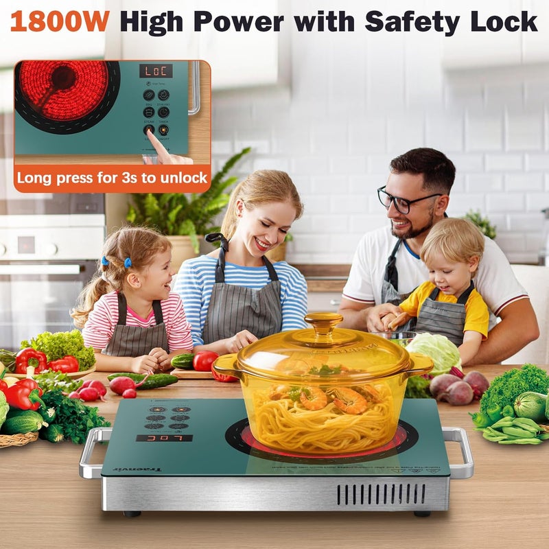 Traenvir Single Burner Electric Cooktop, 110V One Burner Electric Stove with Handle, 1800W Protable Ceramic Stove top for Outdoor, Dorm, Home, RV, Child Lock, Timer, Steam, BBQ, Stir Fry, Green - Image 4